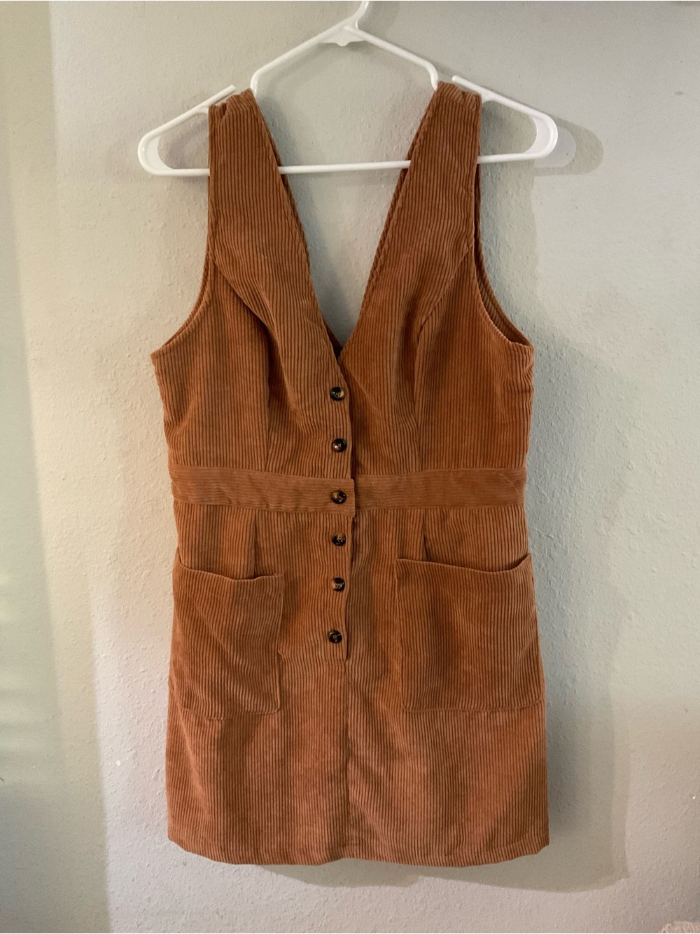 SHEIN Corduroy Button-Front Pinafore Dress in Rust Brown